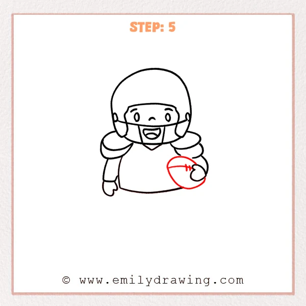 how to draw a football player - A cute football player drawing holding an oval football with a center stripe and small stitches, added beside the right glove.